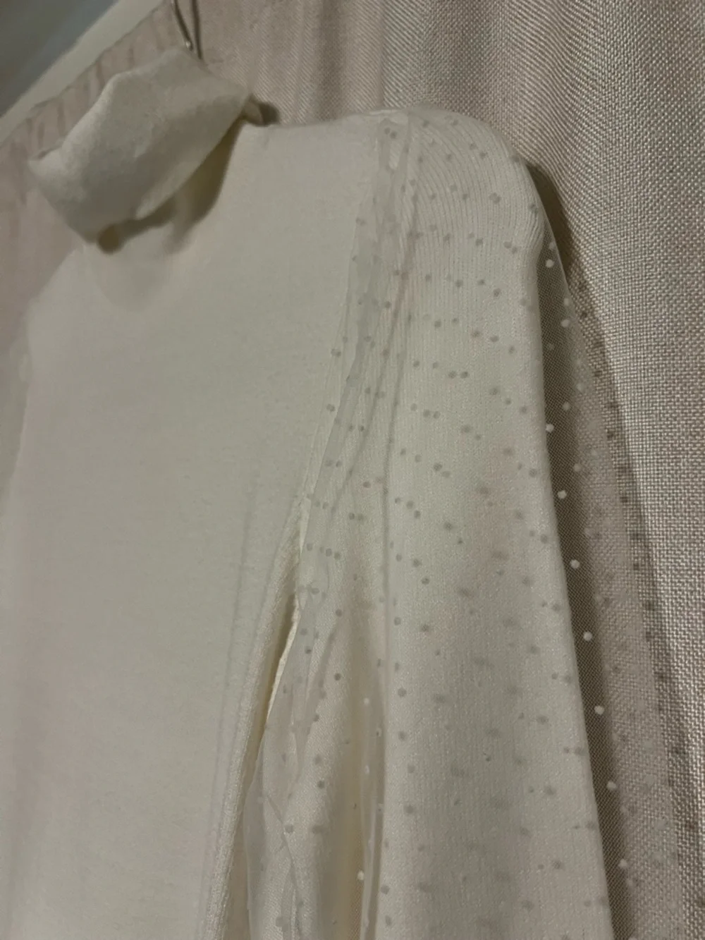 Turtleneck Long-Sleeve Cream Dress with Sheer Dot Sleeves - Picture 2 of 3